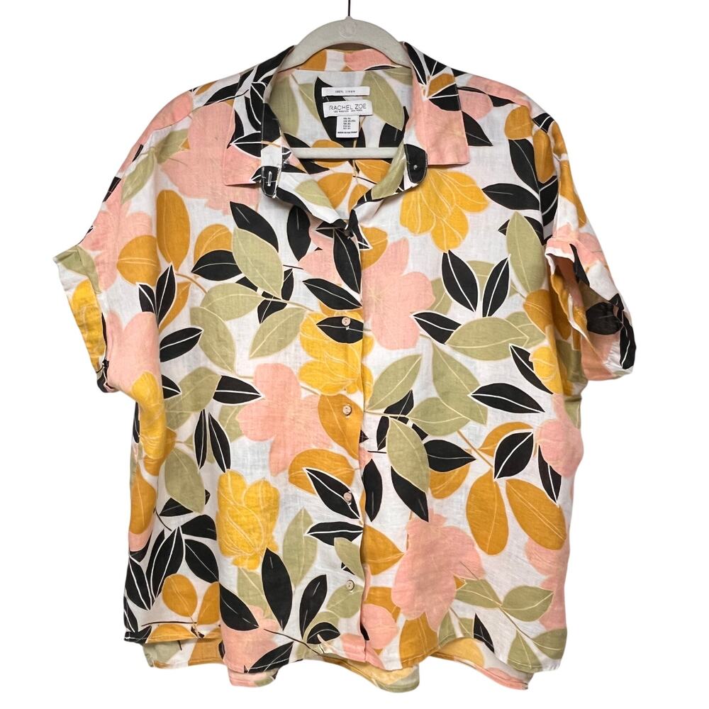 Rachel Zoe 100% Linen Camp Shirt Tropical Print Size XL